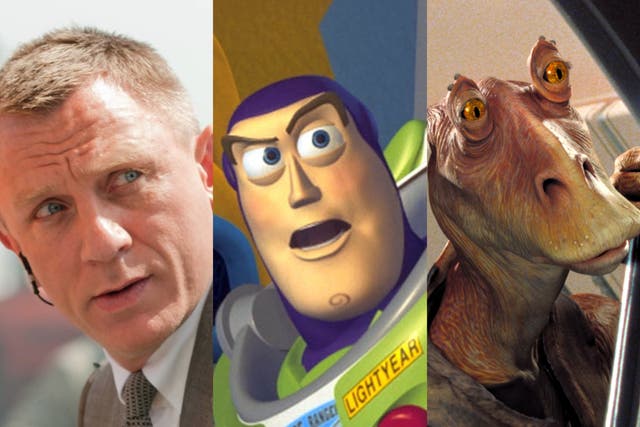 <p>Daniel Craig in ‘Skyfall’, Buzz Lightyear (Tim Allen) in ‘Toy Story 2’, and Jar-Jar Binks (Ahmed Best) in ‘Star Wars'</p>